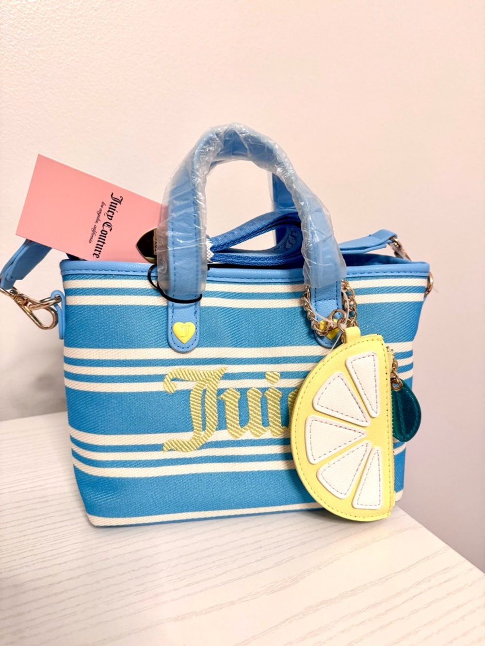 Juicy Couture Paradise Mini Blue Striped Tote with Lemon Coin Purse